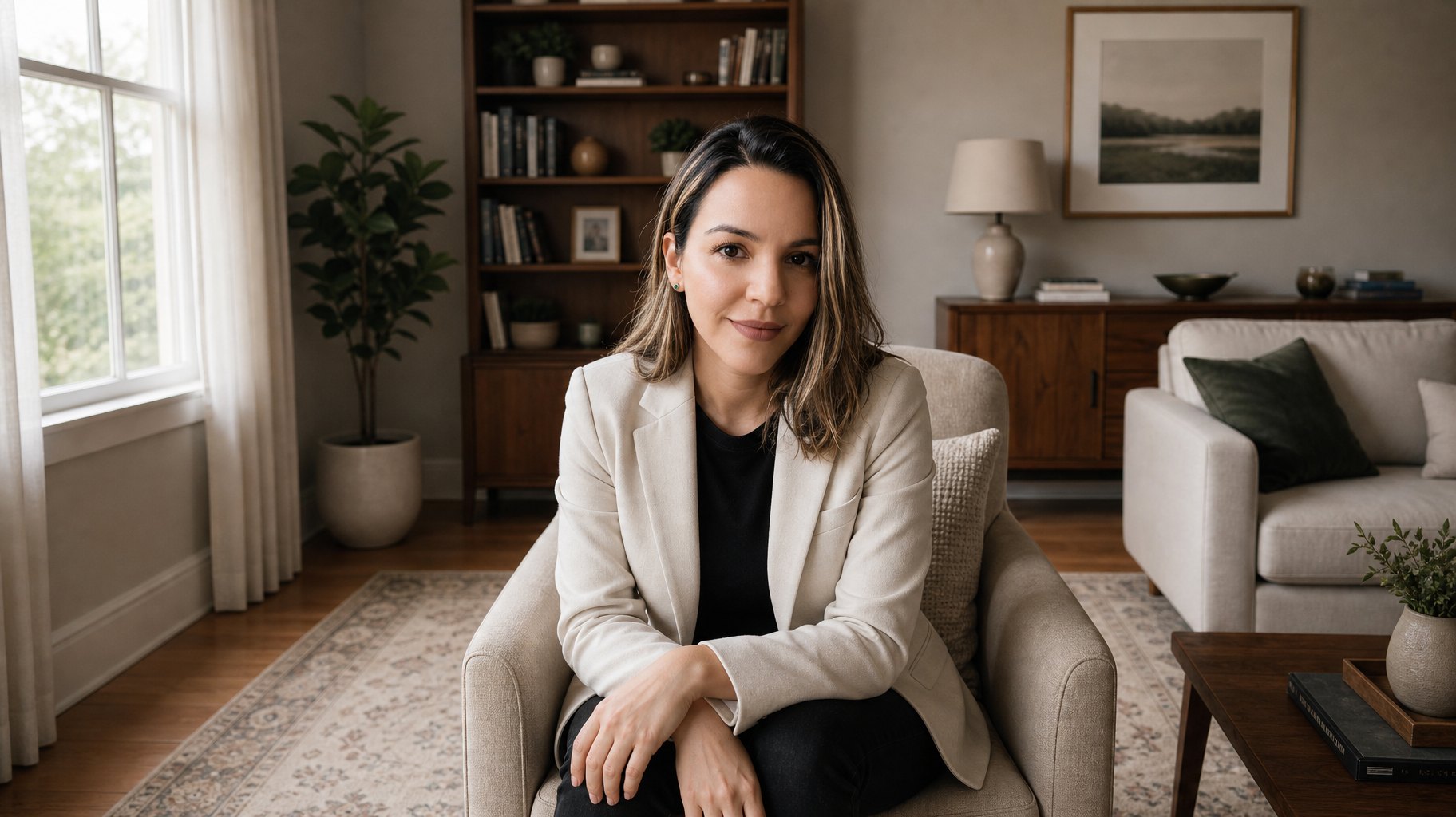 Bárbara Lima sentada na poltrona da sala de casa
